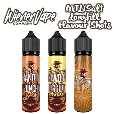 Three vape juice bottles with cowboy-themed labels on a white background, featuring the Wiener Vape Company branding.